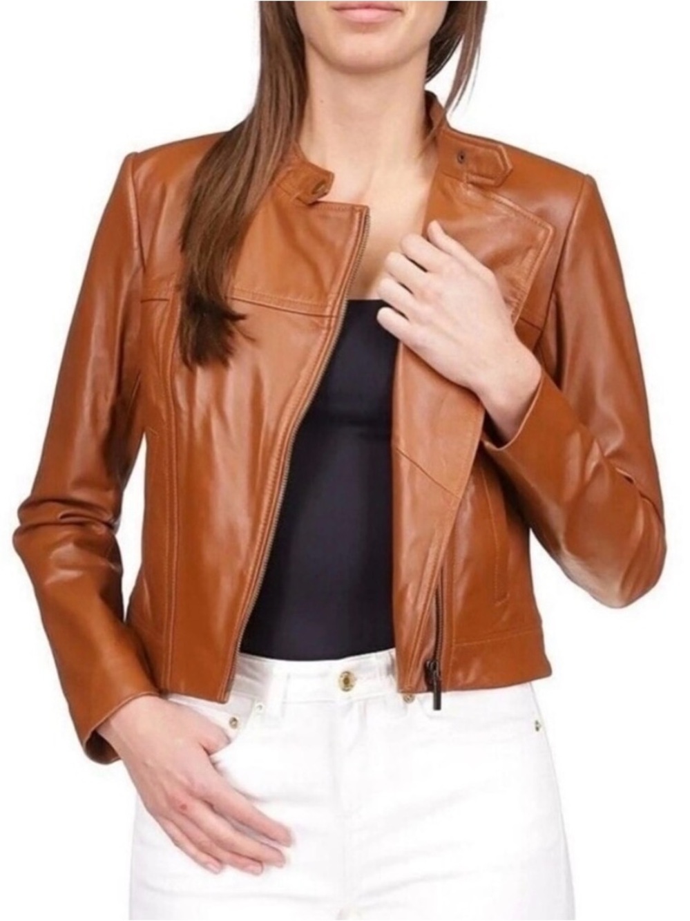 NWOT Michael Kors Women's Tan Leather Moto Jacket - Classic Slim Fit